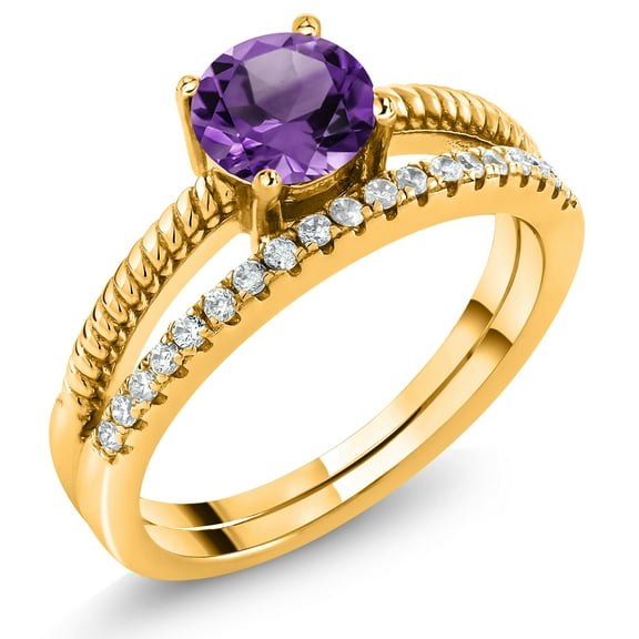 Gem Stone King 18K Yellow Gold Plated Silver Purple Amethyst Engagement Engagement Ring for Women (1.19 Cttw, Gemstone February Birthstone, Round 6MM, Size 9)