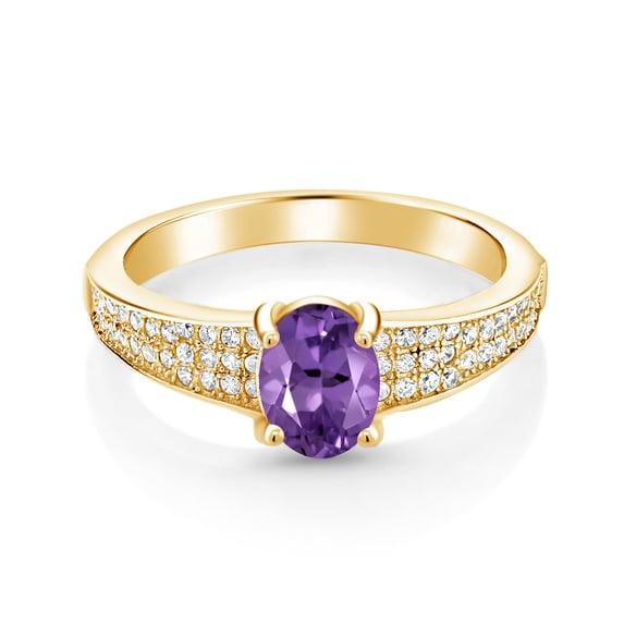 Gem Stone King 18K Yellow Gold Plated Silver Purple Amethyst Engagement Ring for Women (1.63 Cttw, Oval 8X6MM, Gemstone February Birthstone, Size 7)