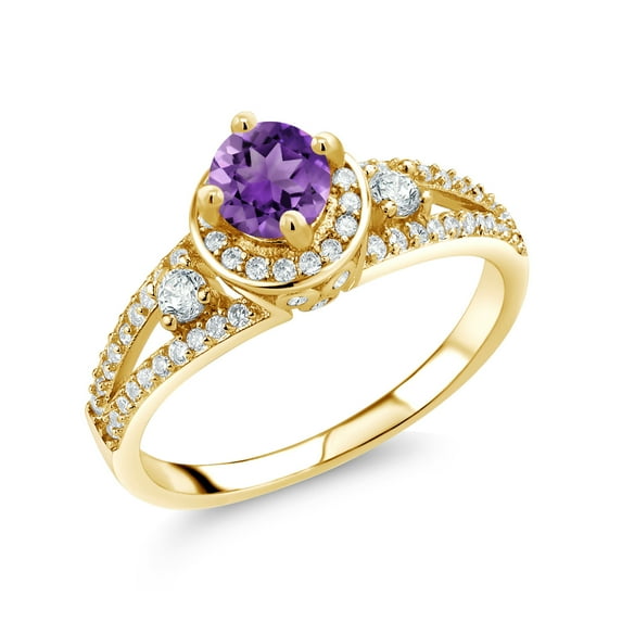 Gem Stone King 18K Yellow Gold Plated Silver Purple Amethyst Engagement Ring for Women (1.42 Cttw, Round 5MM, Gemstone February Birthstone, Size 6)