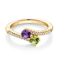 18K Yellow Gold Plated Silver Purple Amethyst and Green Peridot Bypass Ring for Women | 0.79 Cttw | Gemstone Birthstone | Round 4MM | Wedding Engagement Anniversary Promise Ring| Size 8