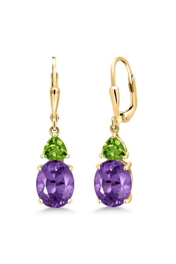 18K Yellow Gold Plated Silver Purple Amethyst and Green Peridot Dangle Earrings for Women (5.56 Cttw, Gemstone February Birthstone, Oval 10X8MM, Trillion 5MM)