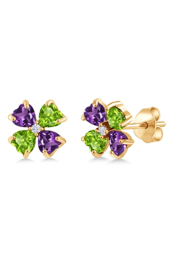 18K Yellow Gold Plated Silver Purple Amethyst and Green Peridot Earrings for Women | 2.23 Cttw | Gemstone February Birthstone | Heart Shape 4MM