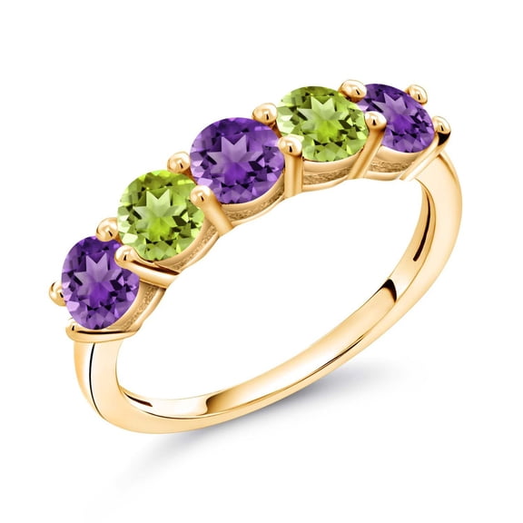 Gem Stone King 18K Yellow Gold Plated Silver Purple Amethyst and Green Peridot Wedding Band Ring for Women | 0.89 Cttw | Round 3.5MM | Gemstone February Birthstone (Size 8)