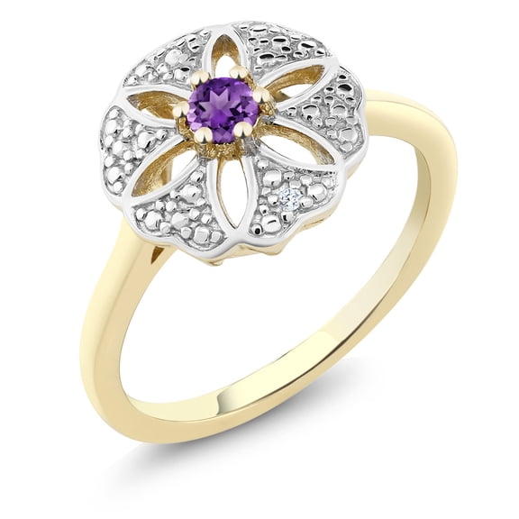 Gem Stone King 18K Yellow Gold Plated Silver Purple Amethyst and I Diamond Engagement Ring for Women | 0.10 Cttw | Round 3MM | Gemstone February Birthstone | Size 8