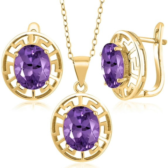 Gem Stone King 18K Yellow Gold Plated Silver Purple Amethyst Pendant and Earrings Jewelry Set for Women | 6.90 Cttw | Gemstone February Birthstone | Oval 10X8MM | With 18 inch Chain