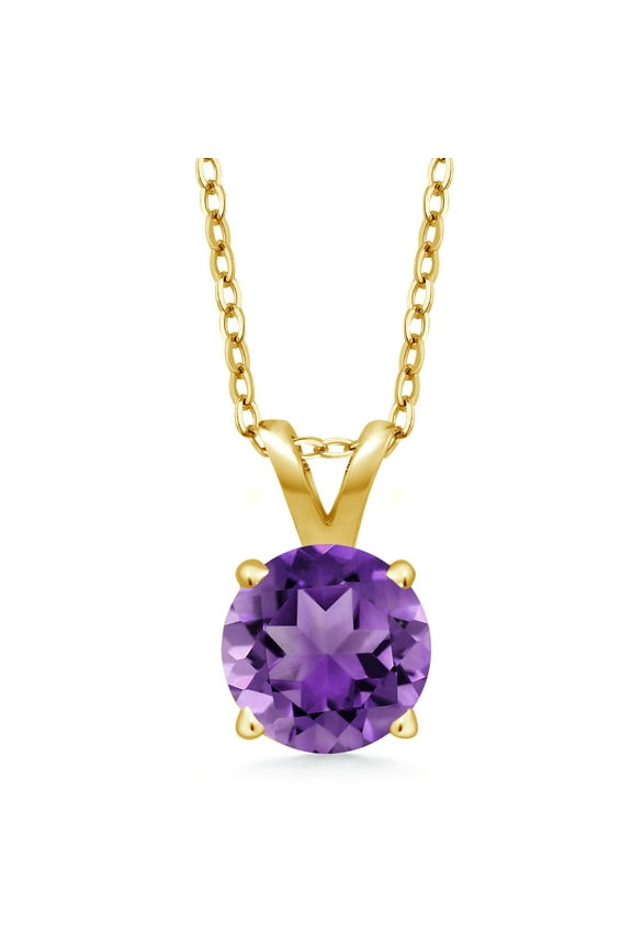 18K Yellow Gold Plated Silver Purple Amethyst Pendant Necklace for Women (1.00 Cttw, Gemstone February Birthstone, Round 6MM, With 18 inch Silver Chain)