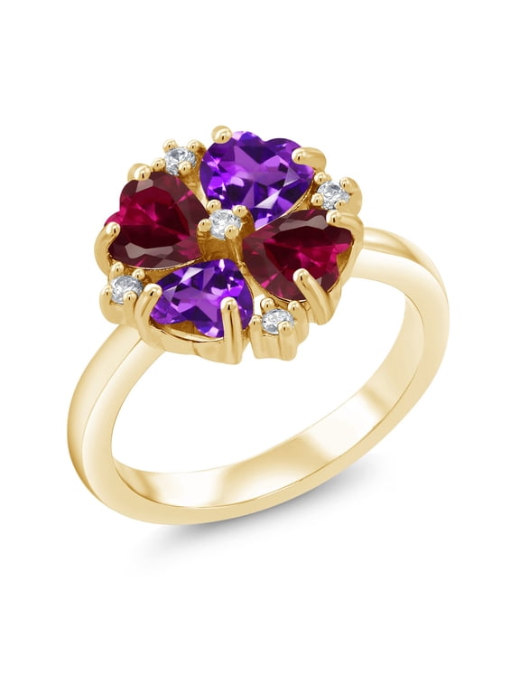 18K Yellow Gold Plated Silver Purple Amethyst and Red Created Ruby Ring for Women (2.08 Cttw, Heart Shape 5MM, Gemstone February Birthstone, Size 8)
