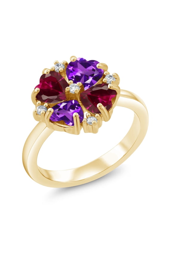 18K Yellow Gold Plated Silver Purple Amethyst and Red Created Ruby Ring for Women (2.08 Cttw, Heart Shape 5MM, Gemstone February Birthstone, Size 5)