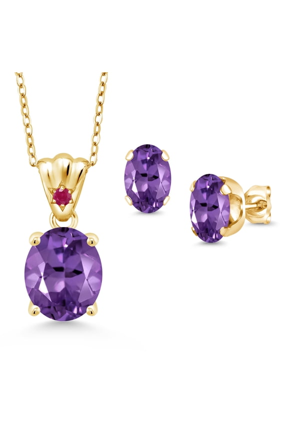 18K Yellow Gold Plated Silver Purple Amethyst and Red Ruby Pendant and Earrings Jewelry Set for Women (5.54 Cttw, Gemstone Birthstone, Oval 11X9MM and 8X6MM with 18 inch Silver Chain)