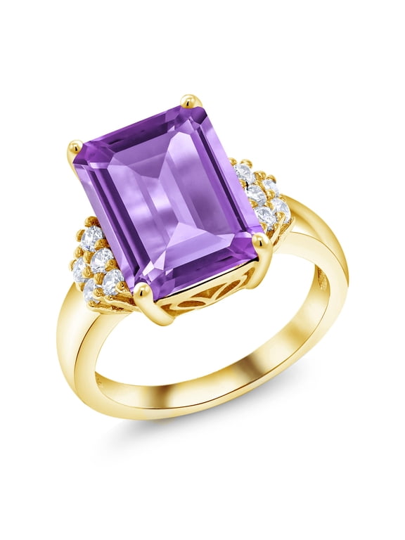 18K Yellow Gold Plated Silver Purple Amethyst Ring for Women (6.55 Cttw, Gemstone February Birthstone, Emerald Cut 14X10MM, Available in Size 5, 6, 7, 8, 9)