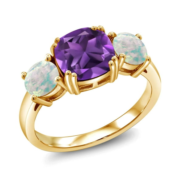 Gem Stone King 18K Yellow Gold Plated Silver Purple Amethyst and Simulated White Opal 3 Stone Engagement Ring for Women (3.10 Cttw, Gemstone Birthstone, Cushion 8MM, Size 5)