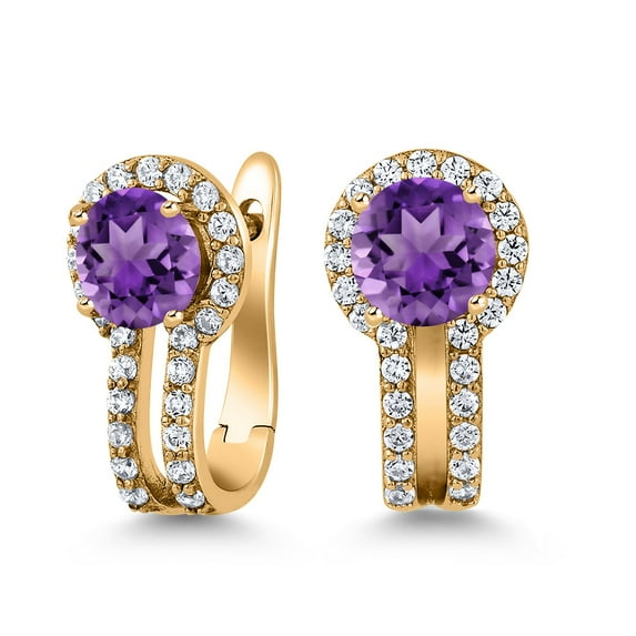 Gem Stone King 18K Yellow Gold Plated Silver Purple Amethyst and White Created Sapphire Earrings for Women (1.45 Cttw, Gemstone February Birthstone, Round 5MM)