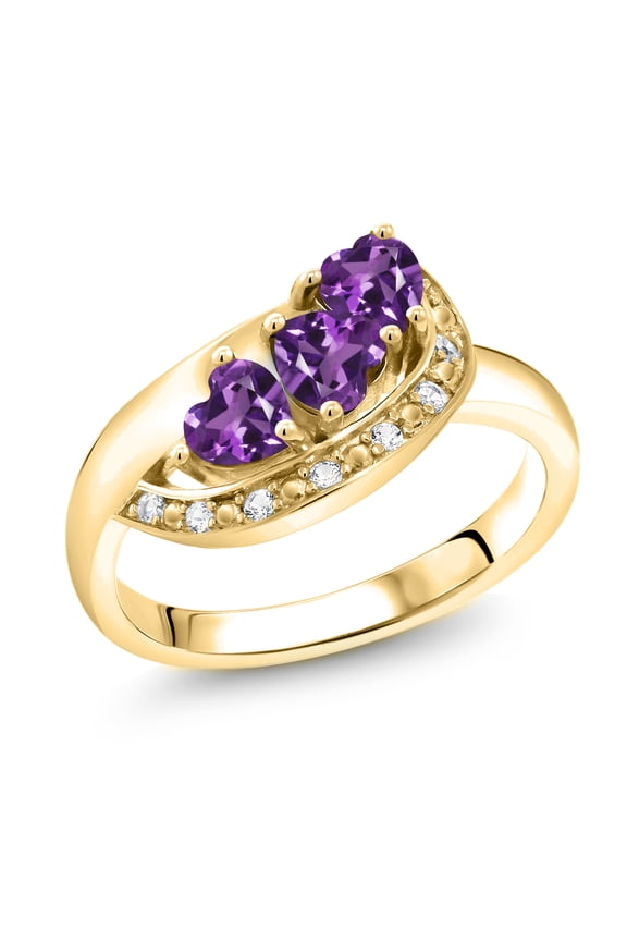 18K Yellow Gold Plated Silver Purple Amethyst and White Created Sapphire Engagement Ring for Women (0.81 Cttw, Gemstone February Birthstone, Heart Shape 4MM, Size 5)
