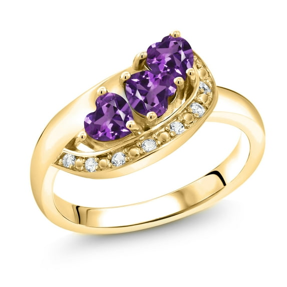 Gem Stone King 18K Yellow Gold Plated Silver Purple Amethyst and White Created Sapphire Engagement Ring for Women (0.81 Cttw, Gemstone February Birthstone, Heart Shape 4MM, Size 7)