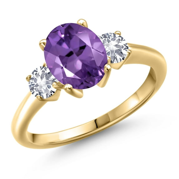 Gem Stone King 18K Yellow Gold Plated Silver Purple Amethyst and White Created Sapphire Engagement Ring for Women | 2.10 Cttw | Oval 9X7MM | Gemstone February Birthstone | Size 7