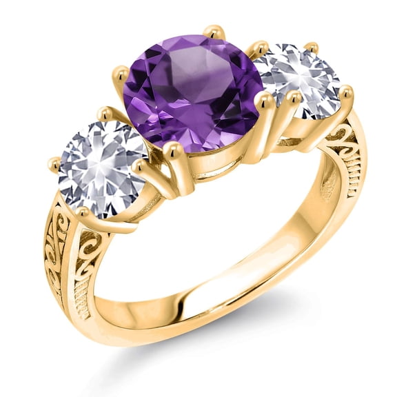 Gem Stone King 18K Yellow Gold Plated Silver Purple Amethyst and White Created Sapphire Engagement Ring for Women | 3.70 Cttw | Round 8MM | Gemstone February Birthstone | Size 6