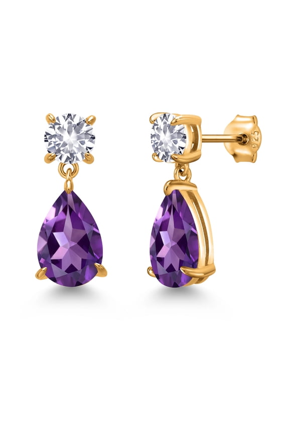 18K Yellow Gold Plated Silver Purple Amethyst and White Created Sapphire Teardrop Dangle Drop Earrings for Women (7.30 Cttw, Gemstone Birthstone, Pear Shape 12x8MM, Round 6MM)