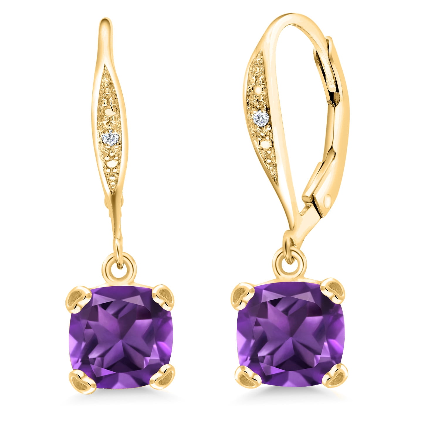Gem Stone King 18K Yellow Gold Plated Silver Purple Amethyst and White Diamond Earrings for Women (2.81 Cttw, Gemstone February Birthstone, Cushion 7MM)