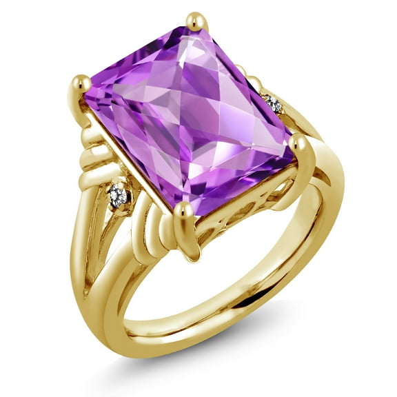 Gem Stone King 18K Yellow Gold Plated Silver Purple Amethyst and White Diamond Engagement Ring for Women (7.23 Cttw, Gemstone February Birthstone, Emerald Cut Checkerboard 14X10MM, Size 6)