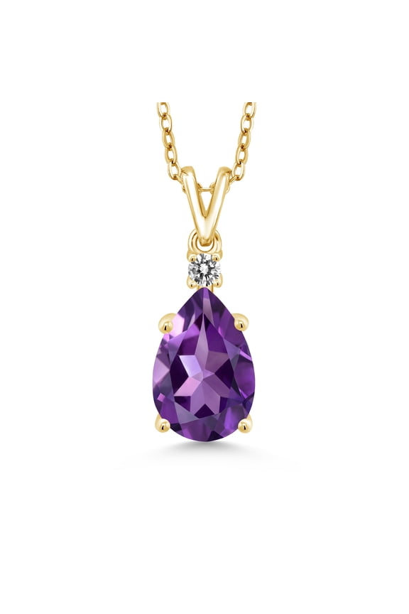 18K Yellow Gold Plated Silver Purple Amethyst and White Diamond Pendant Necklace for Women | 2.37 Cttw | Pear Shape 12X8MM | with 18 inch Silver Chain
