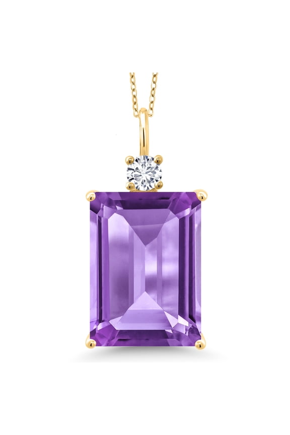 18K Yellow Gold Plated Silver Purple Amethyst and White Lab Grown Diamond Pendant Necklace for Women (15.27 Cttw, Emerald Cut 18X13MM, With 18 inch Silver Chain)
