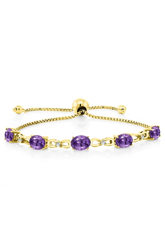 18K Yellow Gold Plated Silver Purple Amethyst and White Lab Grown Diamond Tennis Bracelet for Women (3.77 Cttw, Gemstone February Birthstone, Oval 7x5MM, Fully Adjustable up to 9 inch)