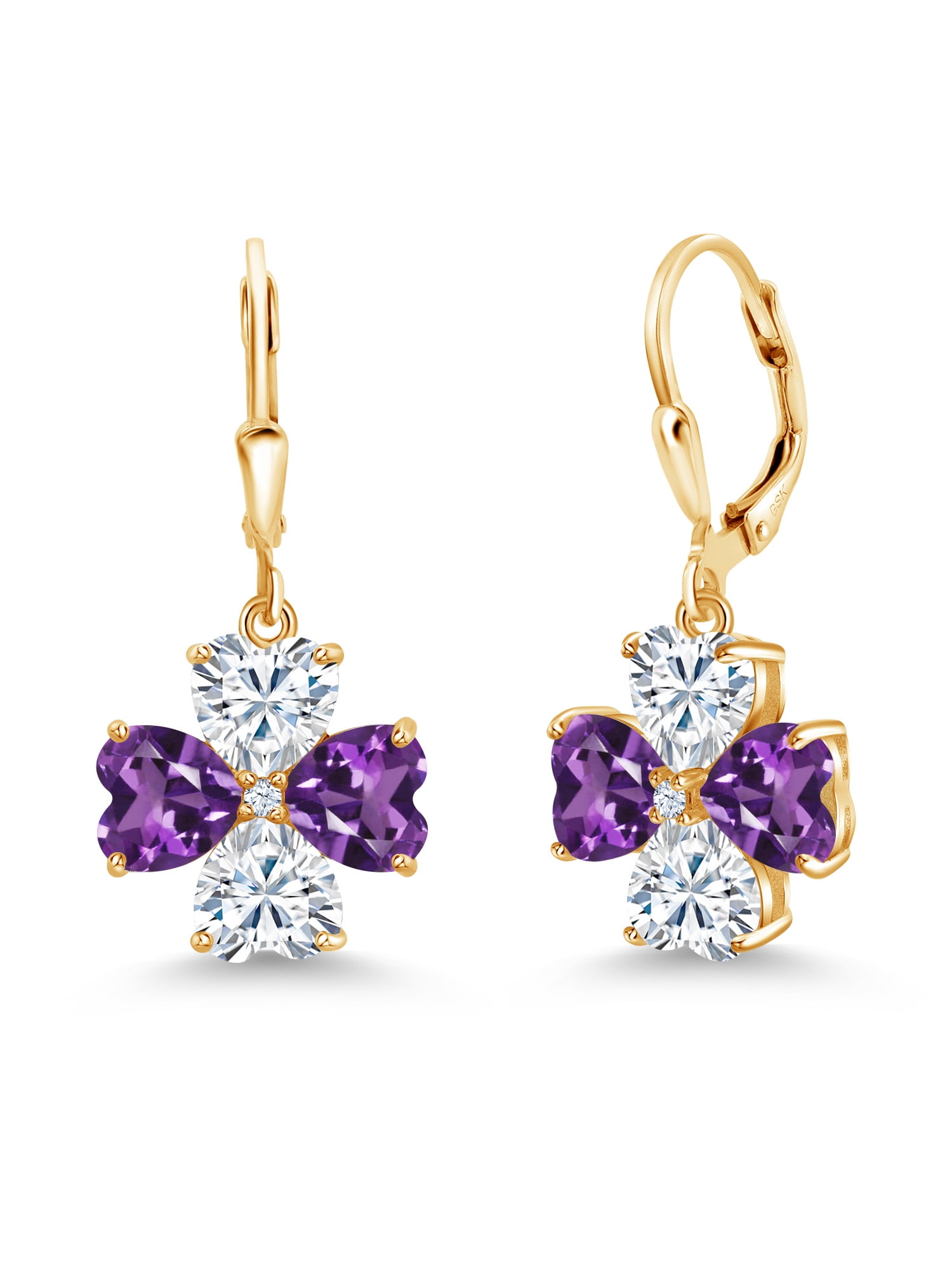 Gem Stone King 18K Yellow Gold Plated Silver Purple Amethyst and White Moissanite Dangle Earrings for Women (6.42 Cttw, Gemstone February Birthstone, Heart Shape 6MM)