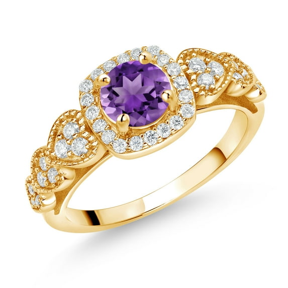 Gem Stone King 18K Yellow Gold Plated Silver Purple Amethyst and White Moissanite Engagement Ring for Women (1.38 Cttw, Round 6MM, Gemstone February Birthstone, Size 8)