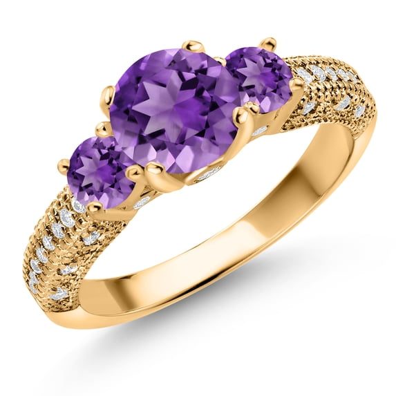Gem Stone King 18K Yellow Gold Plated Silver Purple Amethyst and White Moissanite Engagement Ring for Women (1.78 Cttw, Gemstone February Birthstone, Round 7MM and 4MM, Size 5)