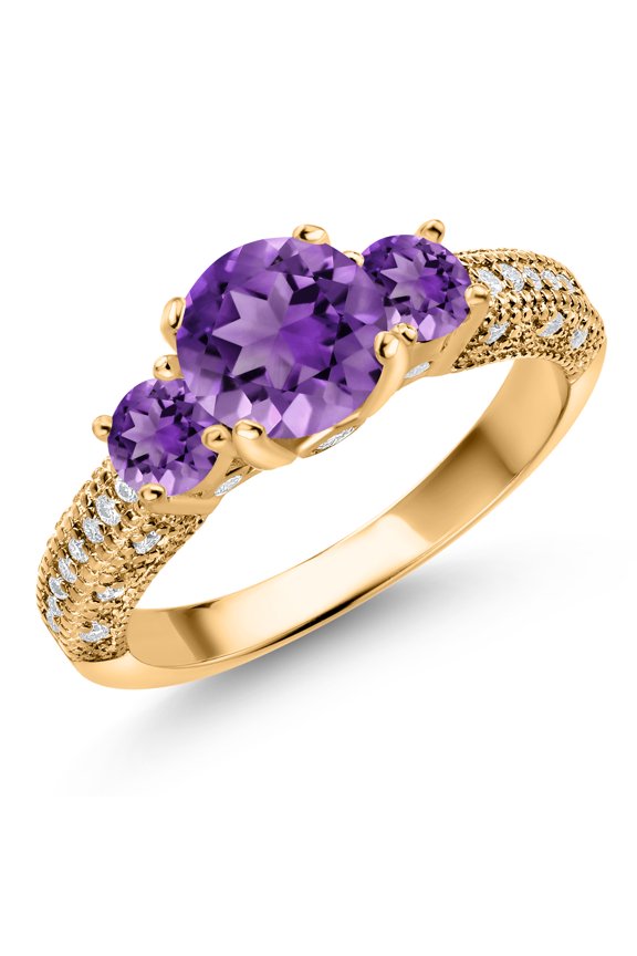 18K Yellow Gold Plated Silver Purple Amethyst and White Moissanite Engagement Ring for Women (1.78 Cttw, Gemstone February Birthstone, Round 7MM and 4MM, Size 5)