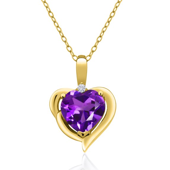 Gem Stone King 18K Yellow Gold Plated Silver Purple Amethyst and White Moissanite Heart Shape Pendant Necklace for Women (1.62 Cttw, Heart 8MM, Gemstone February Birthstone, with 18 inch Chain)
