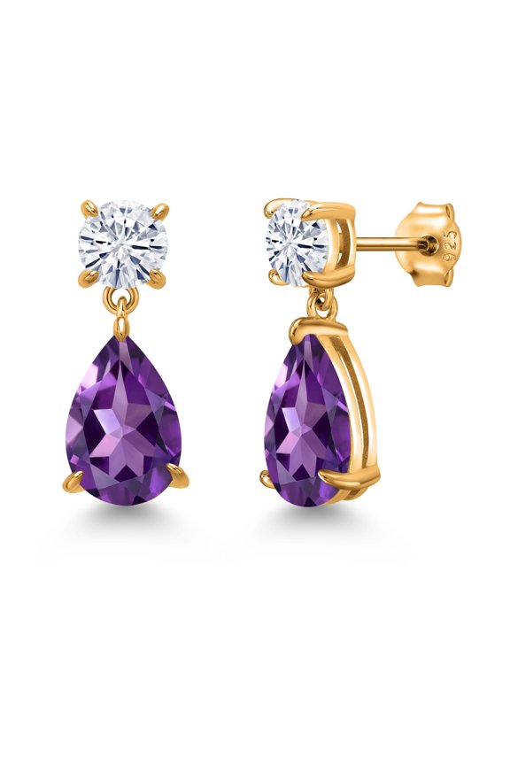 18K Yellow Gold Plated Silver Purple Amethyst and White Moissanite Teardrop Dangle Drop Earrings for Women (6.90 Cttw, Gemstone Birthstone, Pear Shape 12x8MM, Round 6MM)