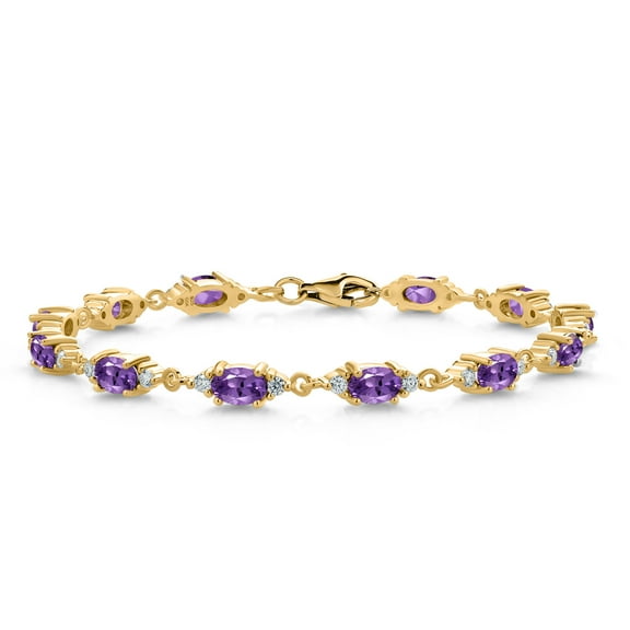 Gem Stone King 18K Yellow Gold Plated Silver Purple Amethyst and White Moissanite Tennis Bracelet for Women (6.31 Cttw, Gemstone Birthstone, Oval 6X4MM, 6.5 inch)
