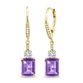 thumbnail image 1 of Gem Stone King 18K Yellow Gold Plated Silver Purple Amethyst White Moissanite and White Topaz Dangle Earrings for Women (5.68 Cttw, Gemstone February Birthstone, Emerald Cut 9X7MM), 1 of 4