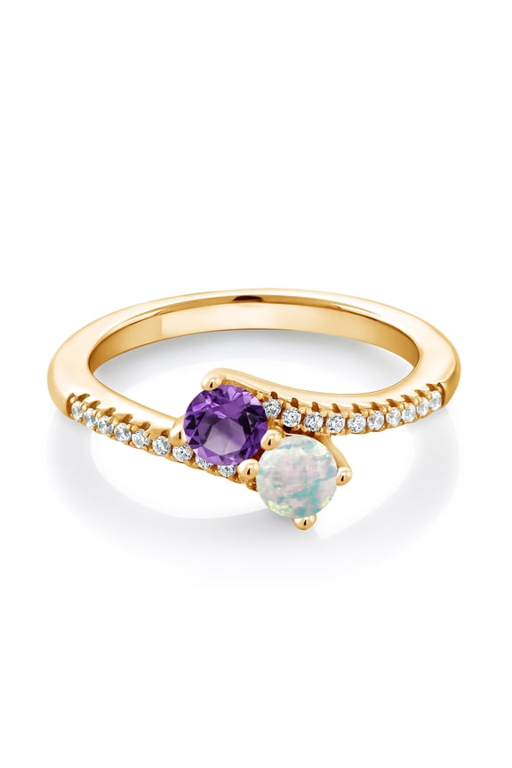 18K Yellow Gold Plated Silver Purple Amethyst and White Opal Bypass Ring for Women | 0.74 Cttw | Gemstone Birthstone | Round 4MM | Wedding Engagement Anniversary Promise Ring | Size 8