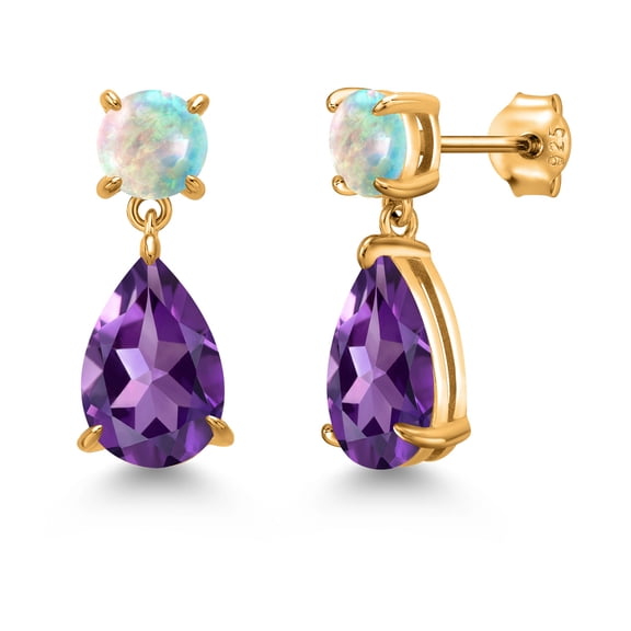 Gem Stone King 18K Yellow Gold Plated Silver Purple Amethyst and White Opal Teardrop Dangle Drop Earrings for Women (7.30 Cttw, Gemstone Birthstone, Pear Shape 12x8MM, Round Cabochon 6MM)