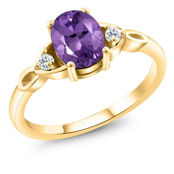Gem Stone King 18K Yellow Gold Plated Silver Purple Amethyst and White Topaz 3-Stone Rings for Women (1.23 Cttw, Gemstone February Birthstone, Oval 8X6MM, Available in Size 5, 6, 7, 8, 9)