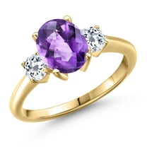 Gem Stone King 18K Yellow Gold Plated Silver Purple Amethyst and White Topaz Engagement Ring for Women | 2.16 Cttw | Oval Checkerboard 9X7MM | Gemstone February Birthstone | Size 6