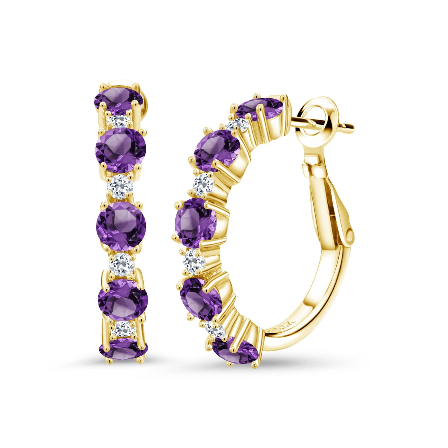 Gem Stone King 18K Yellow Gold Plated Silver Purple Amethyst and White Topaz Hoop Earrings for Women (2.82 Cttw, Round 4MM and 1.9MM, Gemstone Birthstone 1 inch Diameter)