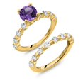 thumbnail image 1 of Gem Stone King 18K Yellow Gold Plated Silver Purple Amethyst and White Topaz Wedding Engagement Ring Band Bridal Set for Women (2.56 Cttw, Gemstone February Birthstone, Round 7MM, Size 8), 1 of 4