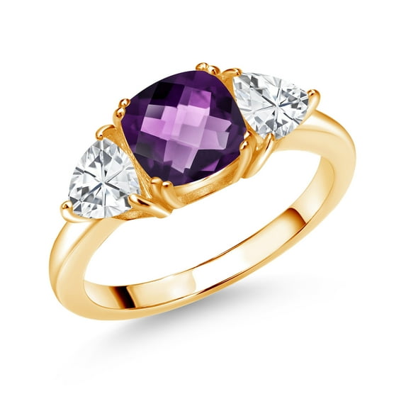 Gem Stone King 18K Yellow Gold Plated Silver Purple Amethyst and White Zirconia 3 Stone Engagement Ring for Women (2.94 Cttw, Gemstone February Birthstone, Available in Size 5, 6, 7, 8, 9)