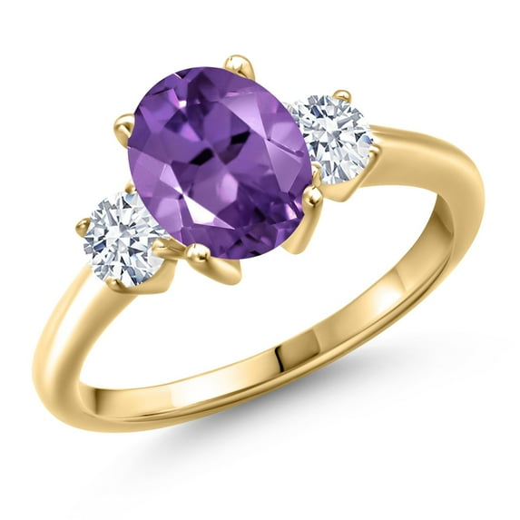 Gem Stone King 18K Yellow Gold Plated Silver Purple Amethyst and White Zirconia Engagement Ring for Women | 2.10 Cttw | Oval 9X7MM | Gemstone February Birthstone | Size 5