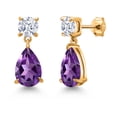 thumbnail image 1 of Gem Stone King 18K Yellow Gold Plated Silver Purple Amethyst and White Zirconia Teardrop Dangle Drop Earrings for Women (8.30 Cttw, Gemstone Birthstone, Pear Shape 12x8MM, Round 6MM), 1 of 4