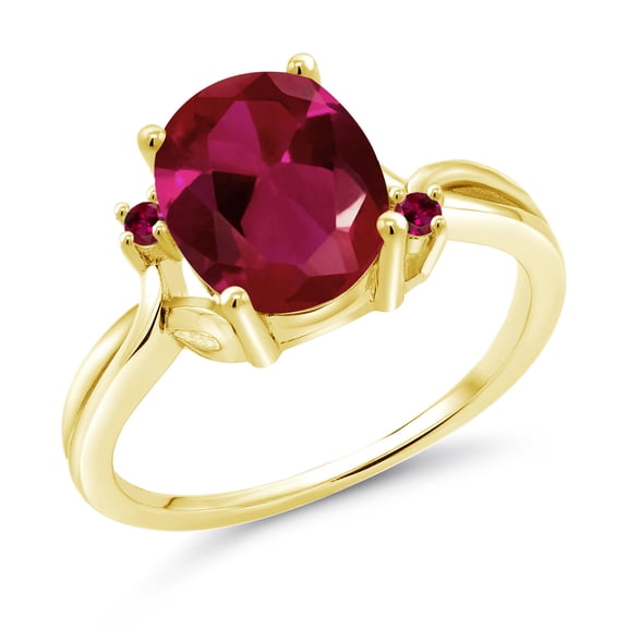 Gem Stone King 18K Yellow Gold Plated Silver Red Created Ruby 3 Stone Ring for Women | 2.53 Cttw | Oval 10X8MM | Gemstone July Birthstone | Wedding Engagement Anniversary Ring for Women | Size 6