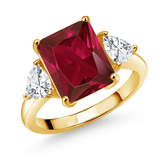 Gem Stone King 18K Yellow Gold Plated Silver Red Created Ruby 3 Stone Ring for Women (7.24 Cttw, Octagon 12X10MM, Trillion 5X5MM, Gemstone July Birthstone, Available in Size 5,6,7,8,9)