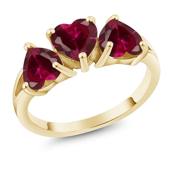 Gem Stone King 18K Yellow Gold Plated Silver Red Created Ruby 3 Stone Ring for Women (2.88 Cttw, Heart Shape 6MM, Available in Size 5, 6, 7, 8, 9)