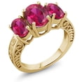 thumbnail image 1 of Gem Stone King 18K Yellow Gold Plated Silver Red Created Ruby 3-Stone Women Ring | 3.88 Cttw | Oval 9X7MM and 7X5MM | Three Stone Wedding Engagement Anniversary Promise Ring for Women | Size 5, 1 of 3