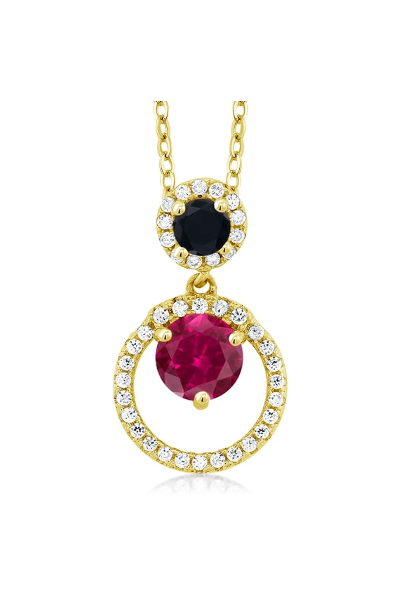18K Yellow Gold Plated Silver Red Created Ruby and Black Onyx Pendant Necklace for Women (1.82 Cttw, Gemstone July Birthstone, Round 6MM and 4MM)