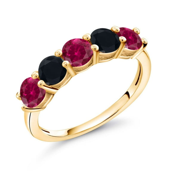 Gem Stone King 18K Yellow Gold Plated Silver Red Created Ruby and Black Onyx Wedding Band Ring for Women (1.01 Cttw, Round 3.5MM, Gemstone July Birthstone, Size 9)