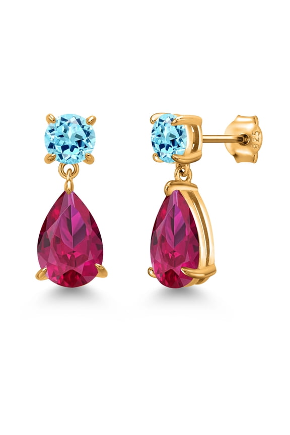18K Yellow Gold Plated Silver Red Created Ruby and Blue Apatite Teardrop Dangle Drop Earrings for Women (8.60 Cttw, Gemstone Birthstone, Pear Shape 12x8MM, Round 6MM)
